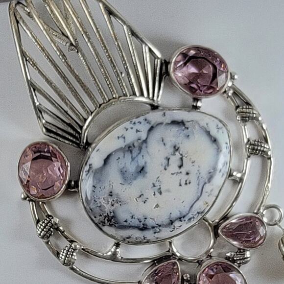 Dendritic Opal Pink Gemstone Pearl Pendant 3" Sterling Silver Jewelry - Picture 5 of 9